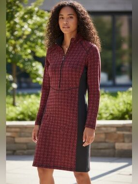 sahalie Women's Red Patterned Long-Sleeve Zip Knit Dress